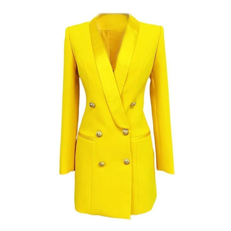 Yellow Tuxedo Blazer Dress- Double Breasted Women's Designer Suit