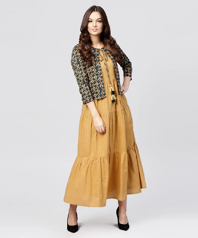 Women's Mustard Cotton Tiered Maxi Dress With Full Sleeves Short Jacket Emblished With Tassel - Nayo Clothing Cardigan Sweater Pullover Women's Mustard Cotton Tiered Maxi Dress With Full Sleeves Short Jacket Emblished With Tassel - Nayo Clothing Cardigan Sweater Pullover