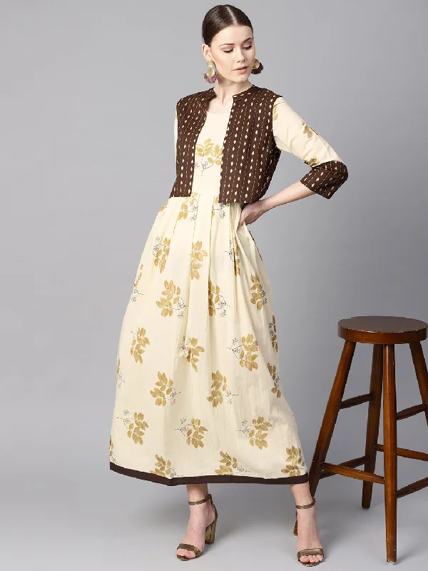 Women's White Floral Gold Printed Round Neck 3/4Th Sleeve Printed Maxi With Brown Geometrical Gold Printed Jacket. - Nayo Clothing Wool Jacket Cashmere Jacket Tweed Jacket Women's White Floral Gold Printed Round Neck 3/4Th Sleeve Printed Maxi With Brown Geometrical Gold Printed Jacket. - Nayo Clothing Wool Jacket Cashmere Jacket Tweed Jacket