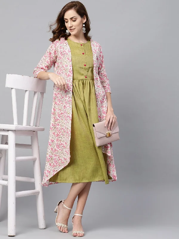 Women's Olive Green A-Line Dress With White Floral Printed Jacket - Nayo Clothing Fleece Jacket Down Jacket Parka Women's Olive Green A-Line Dress With White Floral Printed Jacket - Nayo Clothing Fleece Jacket Down Jacket Parka