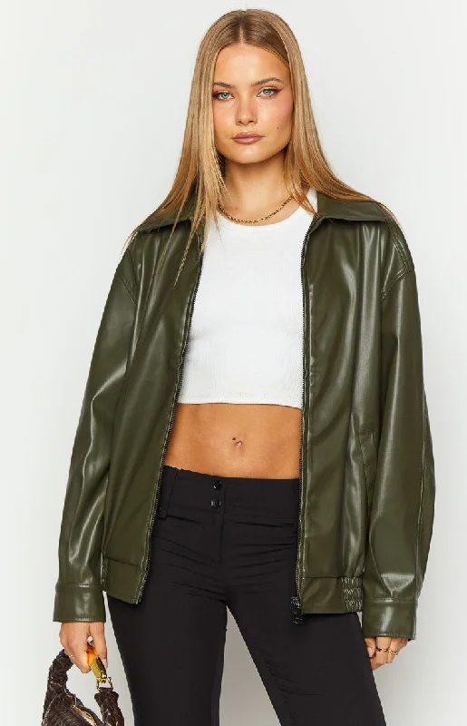 Abbi PU Olive Bomber Jacket Front Pockets Side Pockets Patch Pockets