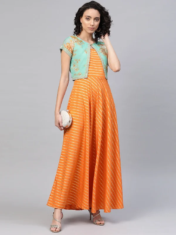 Women's Orange Crepe Striped Kurta With Jacket- Ahalyaa Striped Jacket Polka Dot Jacket Floral Jacket Women's Orange Crepe Striped Kurta With Jacket- Ahalyaa Striped Jacket Polka Dot Jacket Floral Jacket