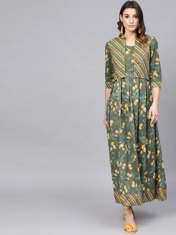Women's Green & Yellow Floral Printed Maxi Dress with Ethnic Jacket - AKS Nylon Jacket Polyester Jacket Spandex Jacket Women's Green & Yellow Floral Printed Maxi Dress with Ethnic Jacket - AKS Nylon Jacket Polyester Jacket Spandex Jacket