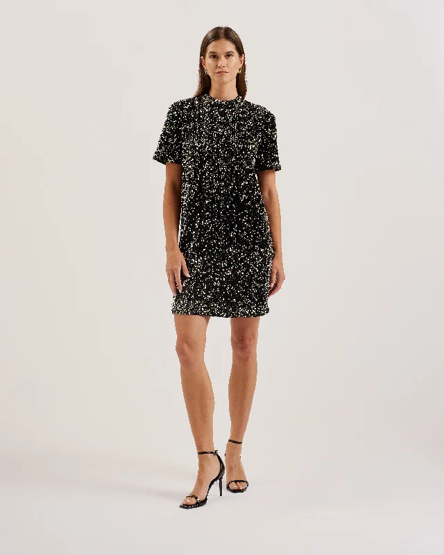 Audriyy Velvet Sequin T-Shirt Mini Dress Black Hooded Caped Shawl Collar