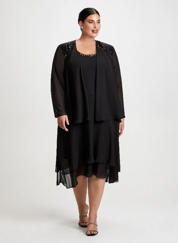 Beaded Trim Chiffon Dress & Jacket Set Oversized Jacket Tailored Jacket Straight Jacket Beaded Trim Chiffon Dress & Jacket Set Oversized Jacket Tailored Jacket Straight Jacket