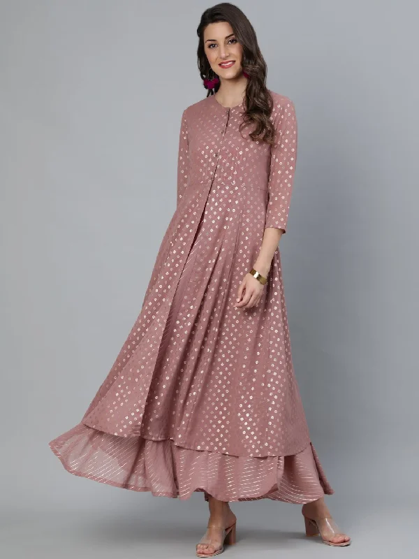 Women's Mauve Foil Printed Dress With Three Quater Sleeves Jacket - Nayo Clothing Trench Coat Raincoat Waterproof Jacket Women's Mauve Foil Printed Dress With Three Quater Sleeves Jacket - Nayo Clothing Trench Coat Raincoat Waterproof Jacket