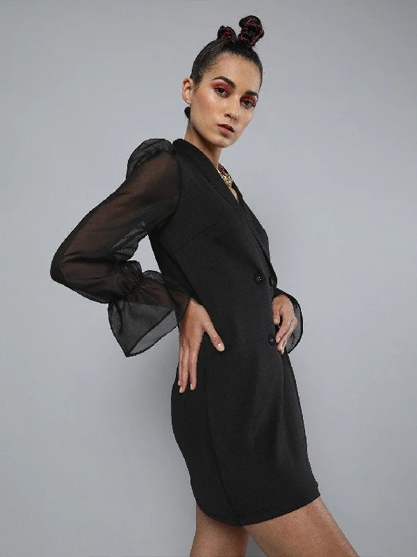Women's Black Organza-Sleeves Blazer Mini Dress - SASSAFRAS Women's Elegant Suit
