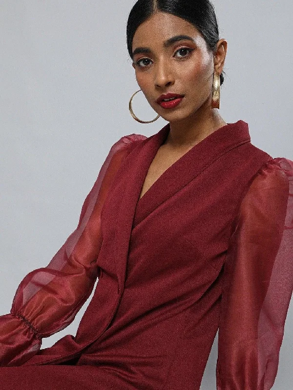 Women's Burgundy Organza-Sleeves Blazer Mini Dress - SASSAFRAS Women's Trendy Jacket