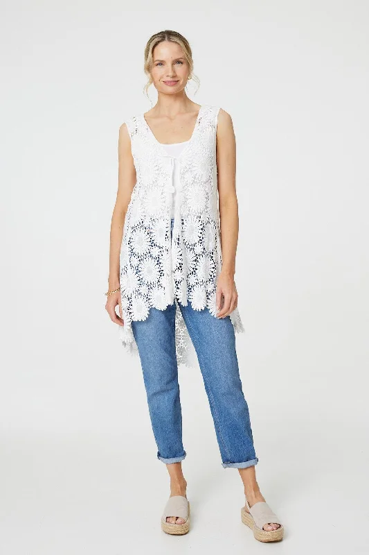 Floral Lace Tie Front Cardigan Chenille Brocade Lace