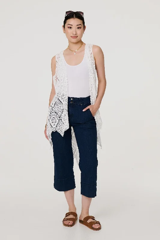 Lace Open Front High Low Cardigan Silk Blend Satin Velvet