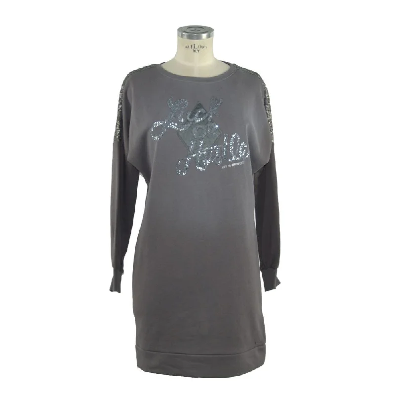 Gray Cotton Women Sweatshirt Dress Hoodie with V-Neck Classic Versatile