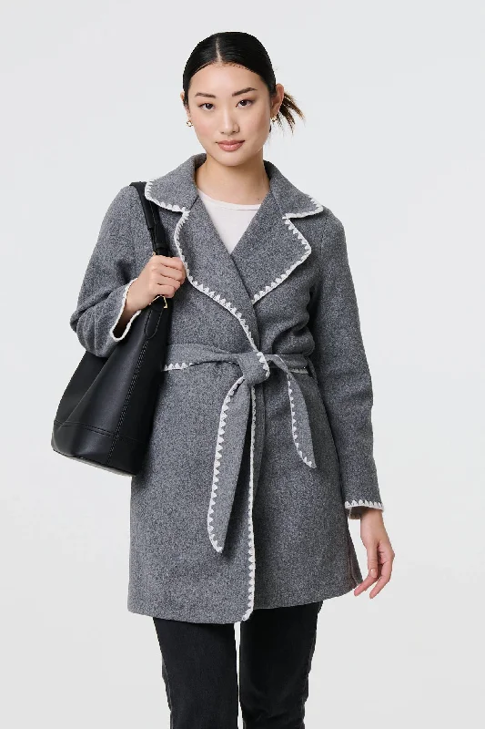 Blanket Stitch Coat with Belt Knit Longline Duster