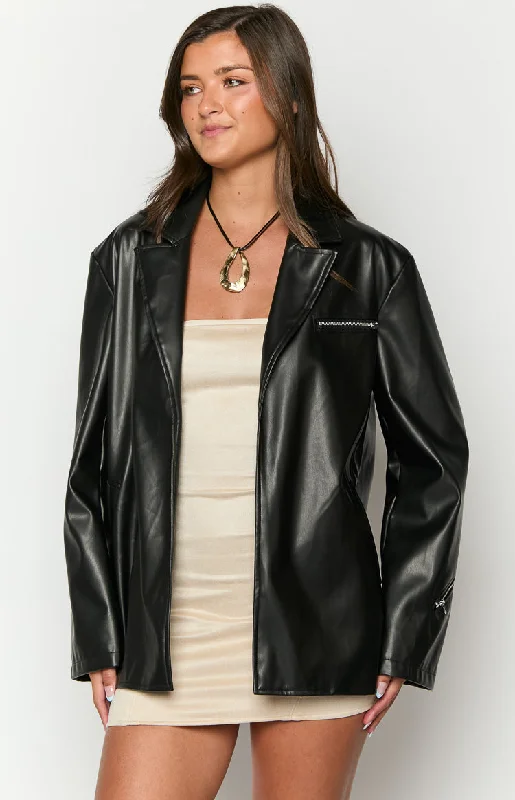 Desi Black PU Jacket Zip Front Button Front Snap Front