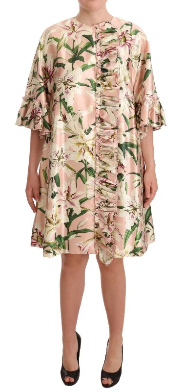 Elegant Floral Ruffled Silk Long Coat Zipper Front Biker Jacket