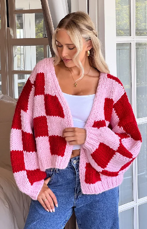 Envi Pink And Red Checkered Knit Cardigan Stretchy Elastic Breathable