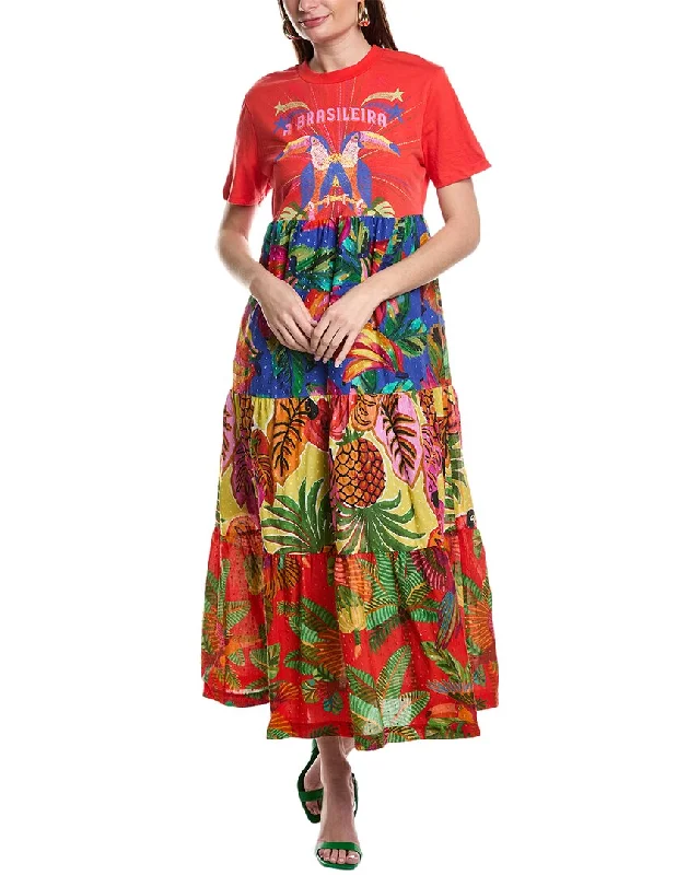 FARM Rio A Brasileira Midi T-Shirt Dress Silk Blend Satin Velvet