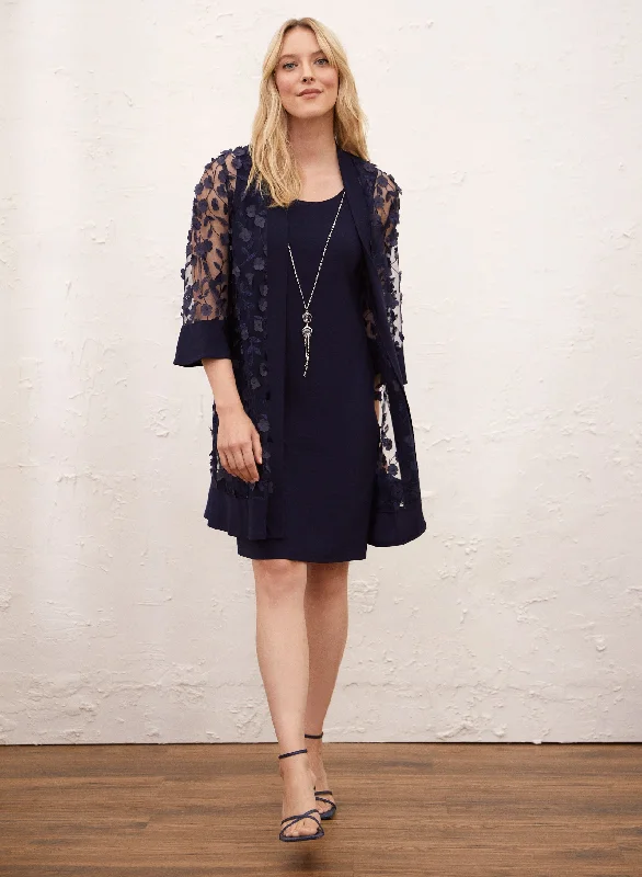 Flower Appliqué Jacket, Dress & Necklace Set Fitted Jacket Loose Jacket Oversized Jacket