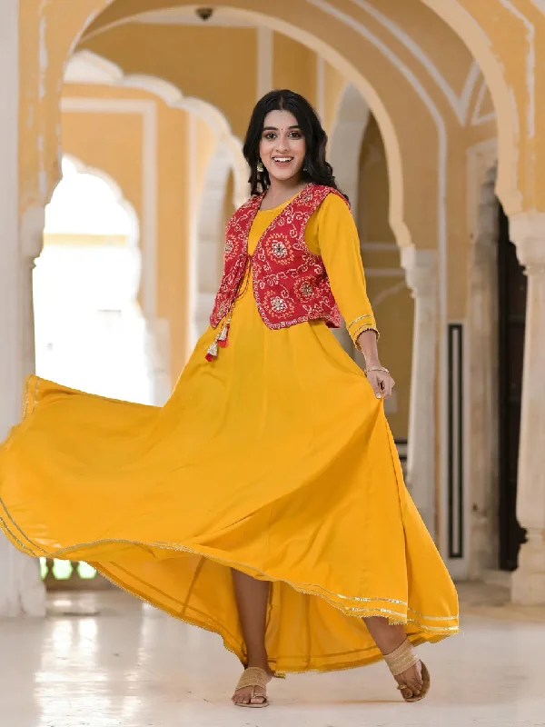 Women's Goldenrod Yellow Flared Dress With Bandhani Mirror Work Jacket - Hatheli Zippered Jacket Buttoned Jacket Snapped Jacket Women's Goldenrod Yellow Flared Dress With Bandhani Mirror Work Jacket - Hatheli Zippered Jacket Buttoned Jacket Snapped Jacket
