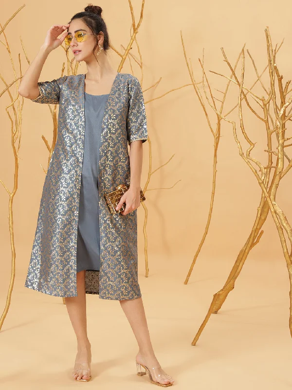 Women's Grey Foil Printed A-Line Dress With Jacket - Aks Chenille Jacket Brocade Jacket Lace Jacket Women's Grey Foil Printed A-Line Dress With Jacket - Aks Chenille Jacket Brocade Jacket Lace Jacket