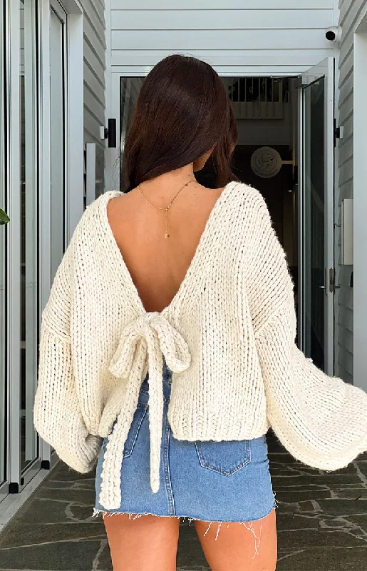 Holiday Cream Tie Up Knit Cardigan Casual Formal Business
