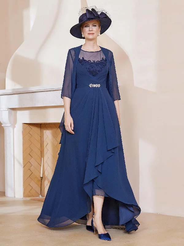 Illusion Neckline Ruffles Dress With Jacket Dark Navy Rayon Fabric Velvet Fabric Corduroy Fabric Illusion Neckline Ruffles Dress With Jacket Dark Navy Rayon Fabric Velvet Fabric Corduroy Fabric