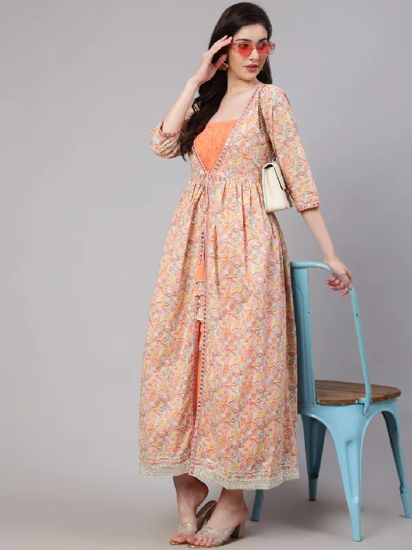 Women Peach Striped Flared Dress With Embroidered Jacket Mesh Jacket Canvas Jacket Denim Jacket Women Peach Striped Flared Dress With Embroidered Jacket Mesh Jacket Canvas Jacket Denim Jacket