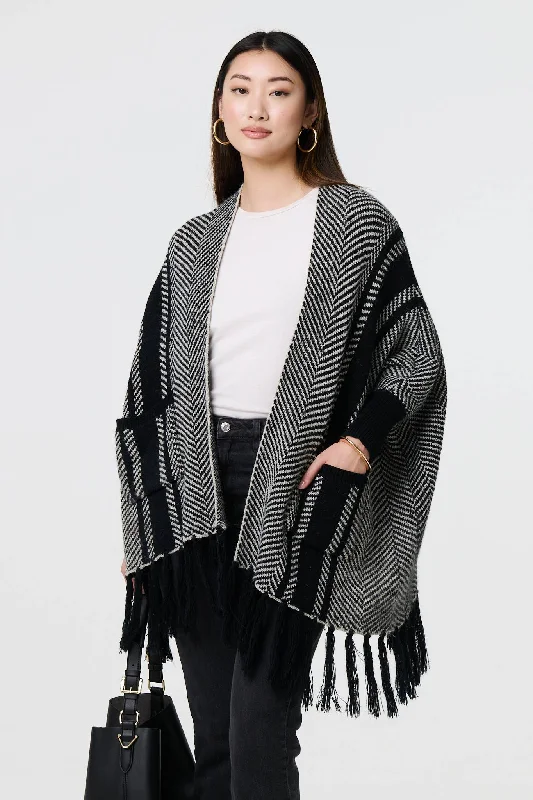 Chevron Print Tassel Fringe Open Cardigan Slim Fit Regular Fit Oversized