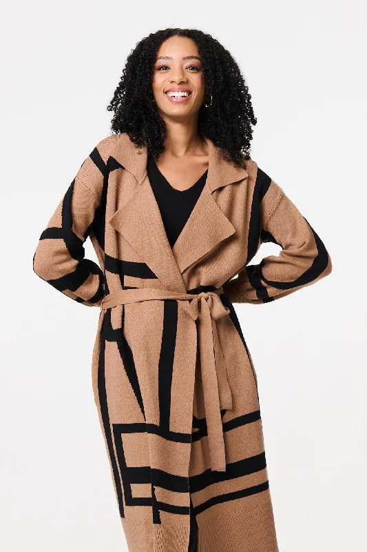 Striped Print Tie Waist Longline Coat Plaid Checkered Coat