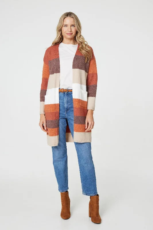 Striped Longline Pocket Front Cardigan Patchwork Embroidered Appliqued