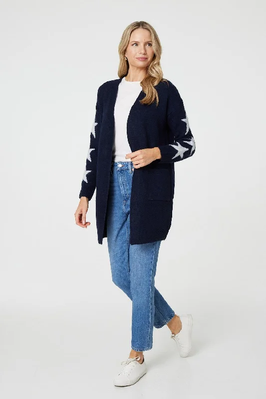 Star Print Longline Knit Open Cardigan Boxy Cardigan Fitted Cardigan A-Line