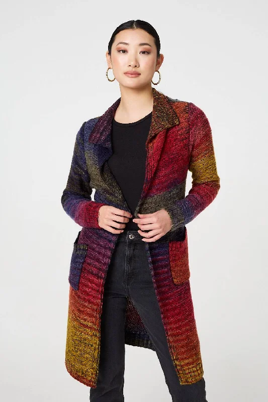 Rainbow Print Longline Knit Cardigan Open Front Closed Front Wrap Front