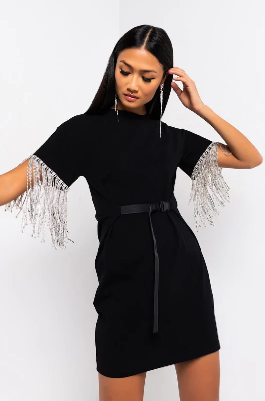 KISS THE RING FRINGE T-SHIRT DRESS BLACK Polka Dot Checkered Tartan