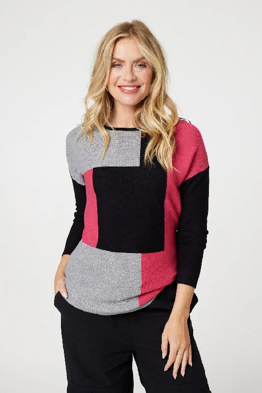Colour Block Relaxed Knit Pullover Slim Sleeve Pullover