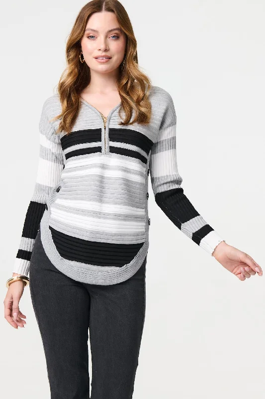 Striped Zip Front Knit Pullover Slit Sleeve Stylish