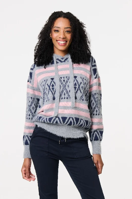 Ikat Print Relaxed Hooded Sweatshirt Hoodie with Puffed Sleeves Voluminous Trendy