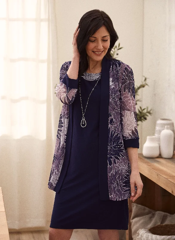 Leaf Print Dress & Jacket Set Boat Neck Shawl Collar Notched Collar