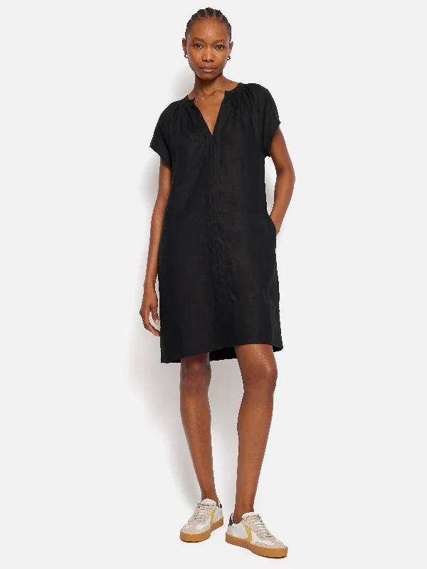 Linen Smocked T-shirt Dress | Black Graphic Embroidered Appliqued