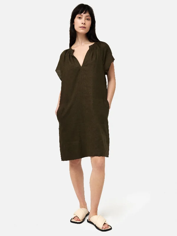 Linen Smocked T-shirt Dress | Dark Green Beaded Sequined Faux Fur
