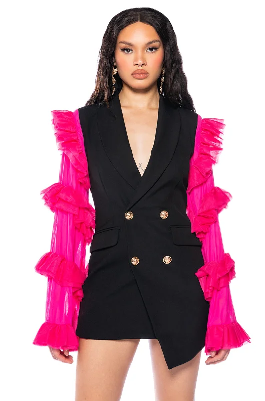 LIVING OVER THE TOP RUFFLE SLEEVE BLAZER MINI DRESS Women's Trendy Suit