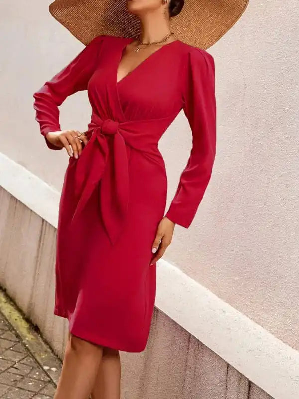Long-sleeved pullover dress v-neck zipper solid color belt waist mid-length dress women’s clothing Solo Sleeve Pullover