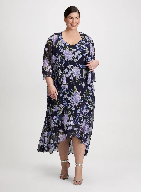 Metallic Floral Dress & Jacket Set Satin Fabric Silk Fabric Chiffon Fabric