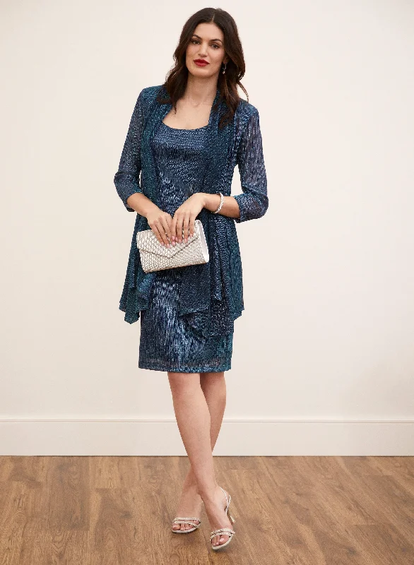 Metallic Plisse Dress & Jacket Set Denim Jacket Leather Jacket Suede Jacket