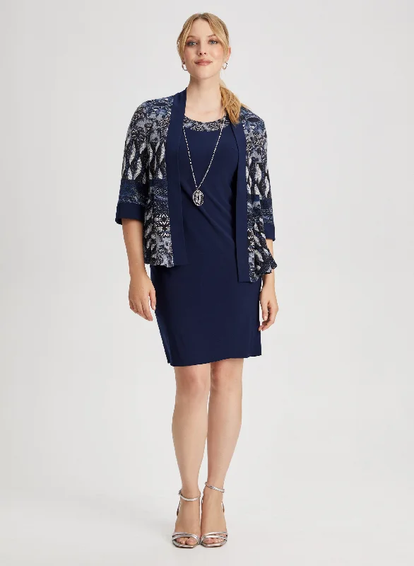 Mixed Print Jacket, Dress & Necklace Set Nylon Fabric Polyester Fabric Spandex Fabric
