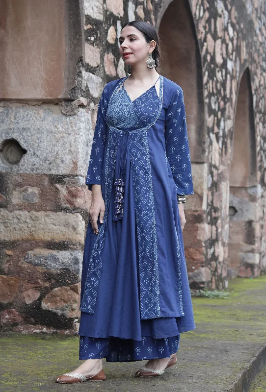 Myra Indigo Solid & Buti Printed Front-Tie Jama Long Coat Modern Asymmetric Coat