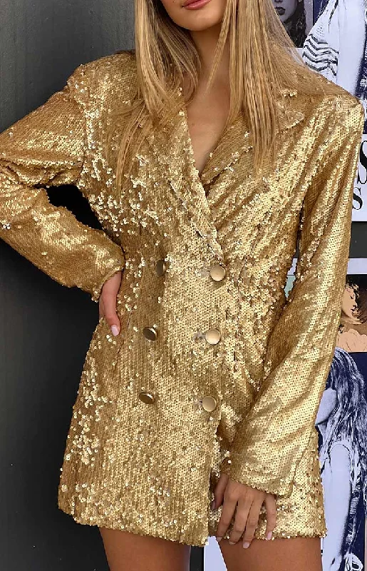 Natalie Gold Sequin Blazer Mini Dress Women's Boutique Jacket