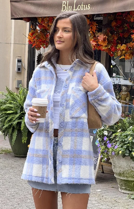Neve Blue Check Jacket Hooded Jacket Caped Jacket Shawl Collar Jacket