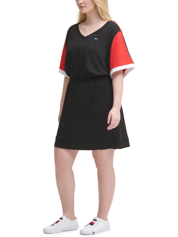 Plus Womens Colorblock Short T-Shirt Dress Plaid T-Shirt Polka Dot Checkered