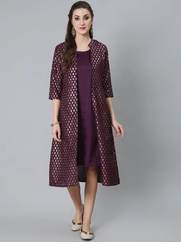 Women's Purple Foil Printed A-Line Dress With Jacket - Aks Jersey Jacket Tulle Jacket Batik Jacket Women's Purple Foil Printed A-Line Dress With Jacket - Aks Jersey Jacket Tulle Jacket Batik Jacket