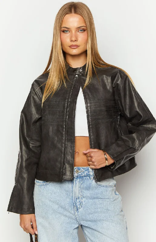 Sam Vintage Black PU Jacket Welt Pockets Slit Pockets Flap Pockets