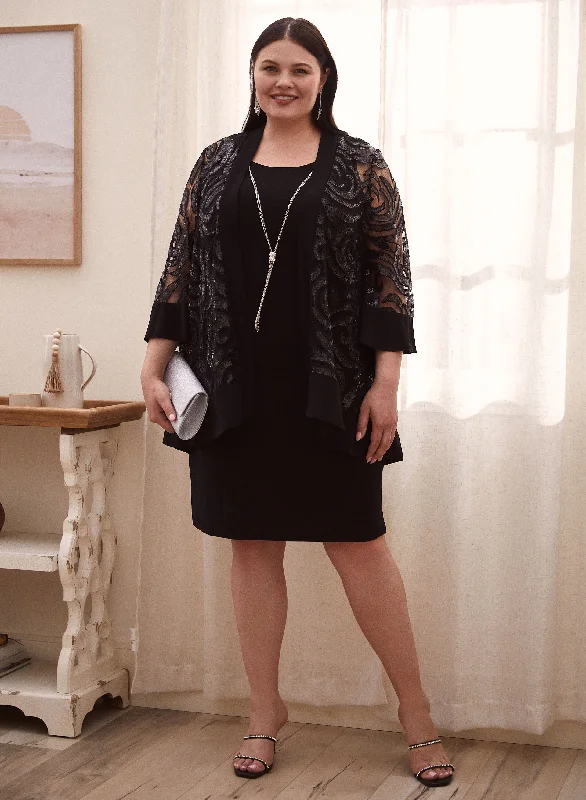 Sequin Detail Dress & Jacket Set Collared Jacket Crew Neck Jacket Turtle Neck Jacket